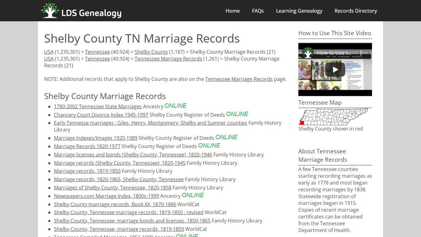 Shelby County TN Marriage Records - LDS Genealogy